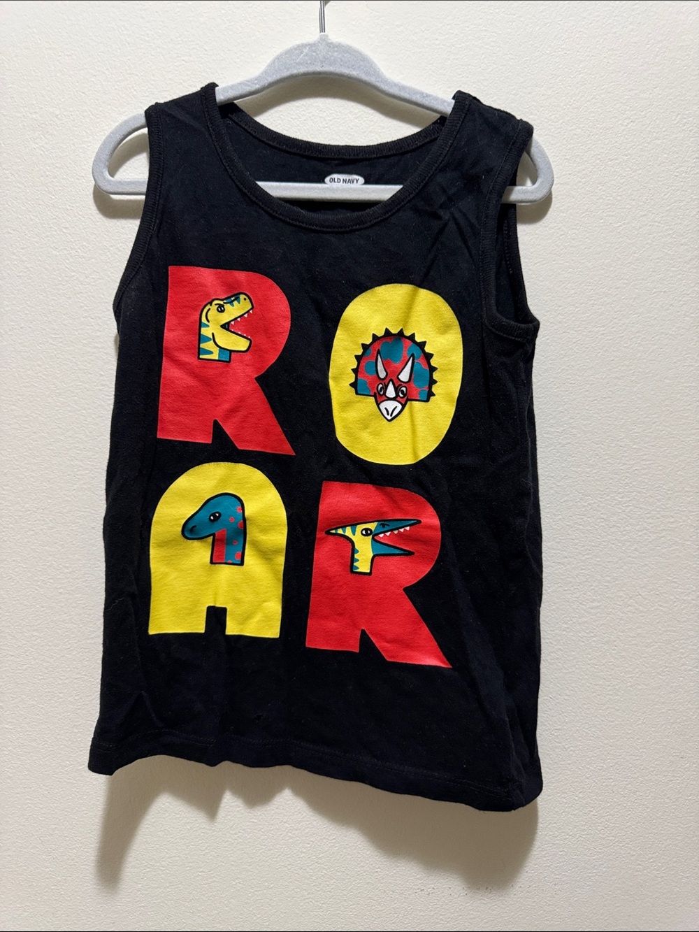 Old Navy Black Tank with Red & Yellow ROAR Dino Graphics